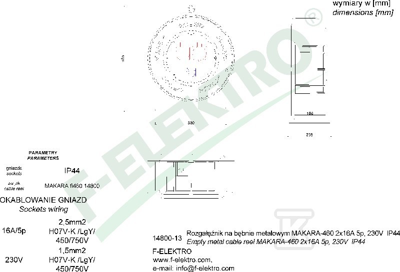 Rozgałęźnik bębnowy, MAKARA-460 16A 5p, - 14800-14